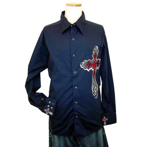 Prestige Navy Cross Design Long Sleeves Cotton Shirt COT 867